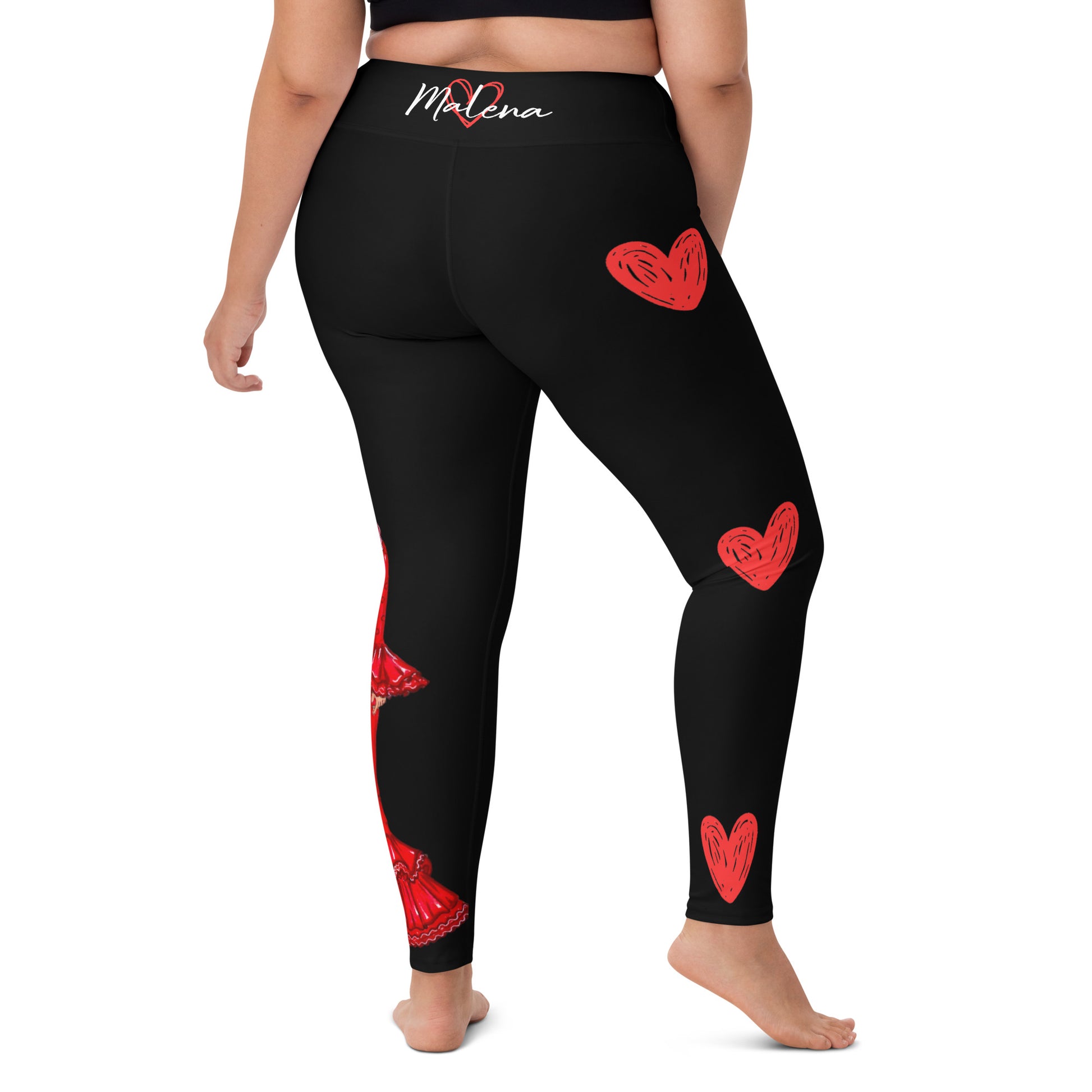 Flamenco Dancer Leggings, black high waisted yoga leggings with a red dress design - IllustrArte