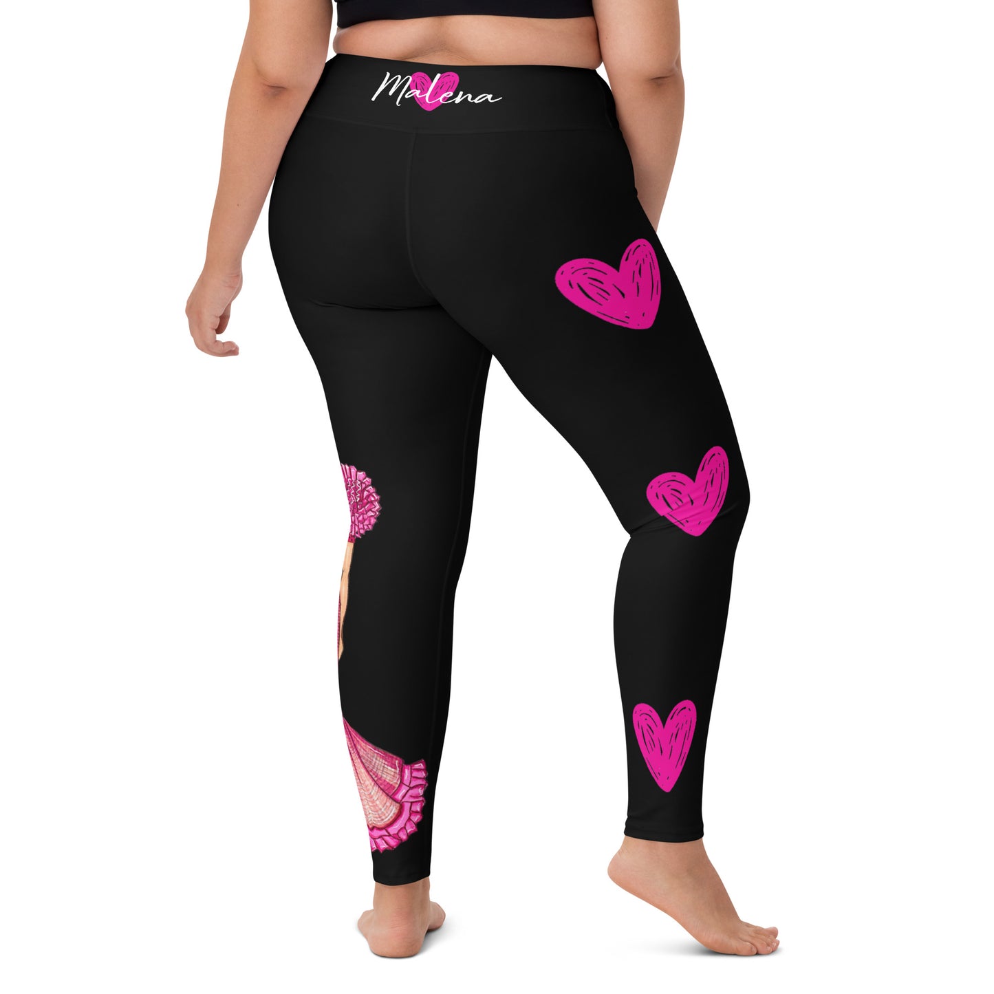 Flamenco Dancer Leggings, black high waisted yoga leggings with a pink dress and pink hearts design - IllustrArte