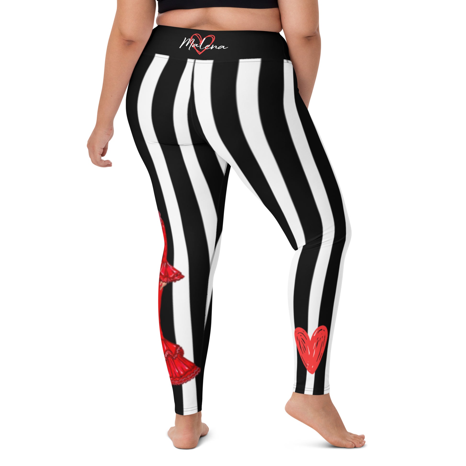 Flamenco Dancer Leggings, black and white striped high waisted yoga leggings with a red dress design - IllustrArte