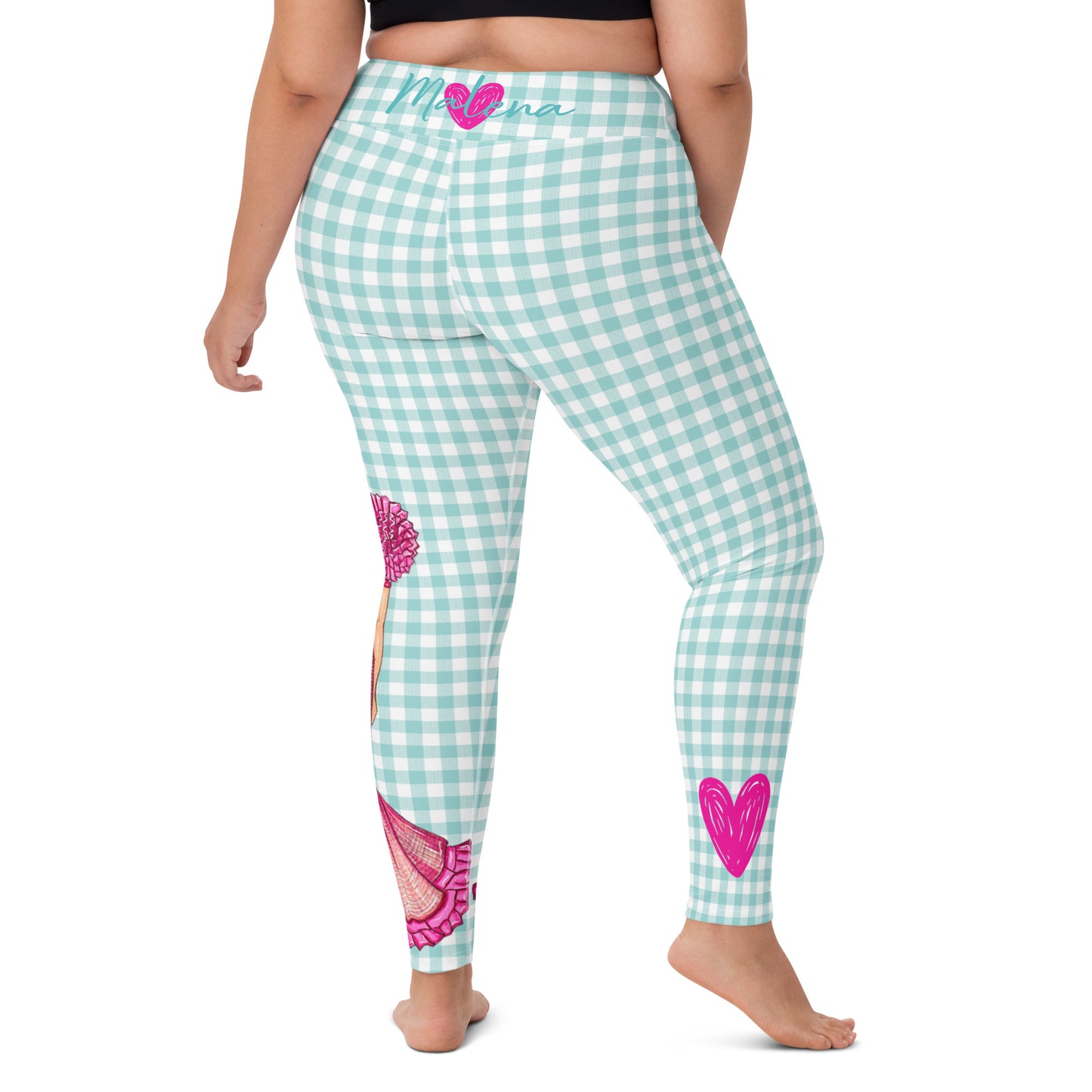 Flamenco Dancer Leggings, green gingham check high waisted yoga leggings with a pink dress design - IllustrArte