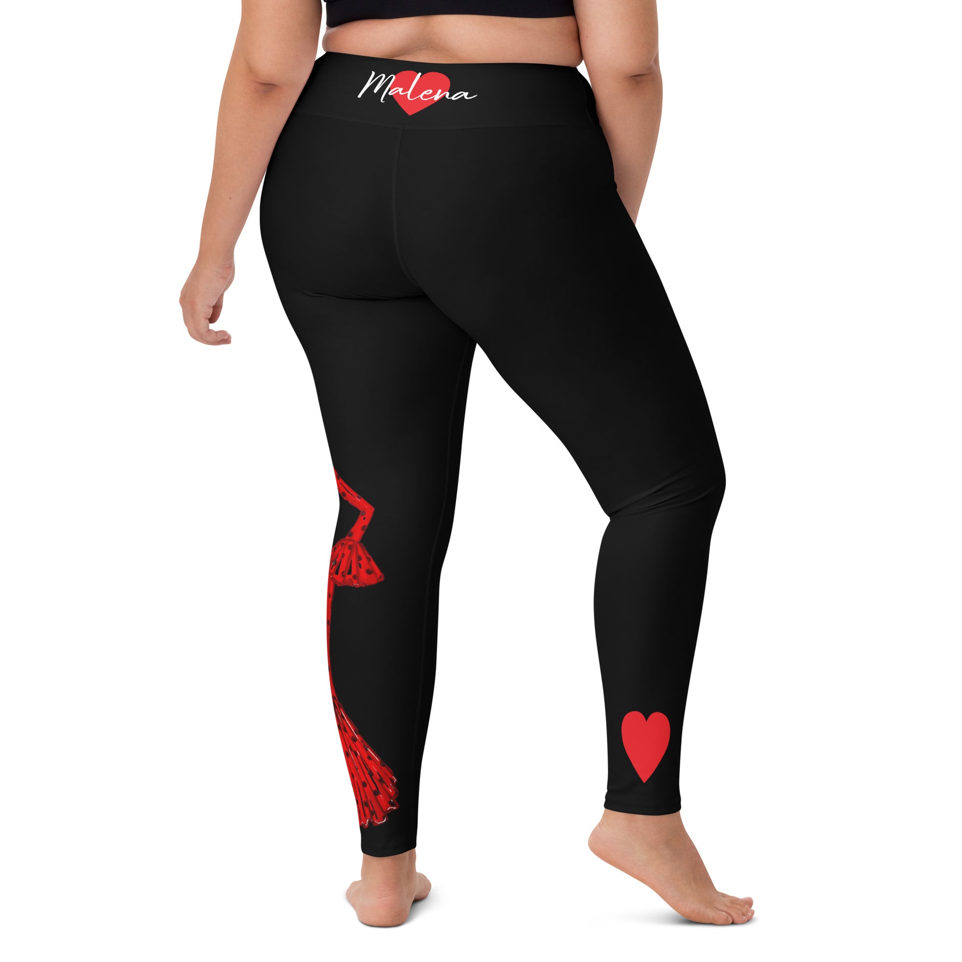 Flamenco Dancer Leggings, black high waisted yoga leggings with a red dress and red heart design - IllustrArte