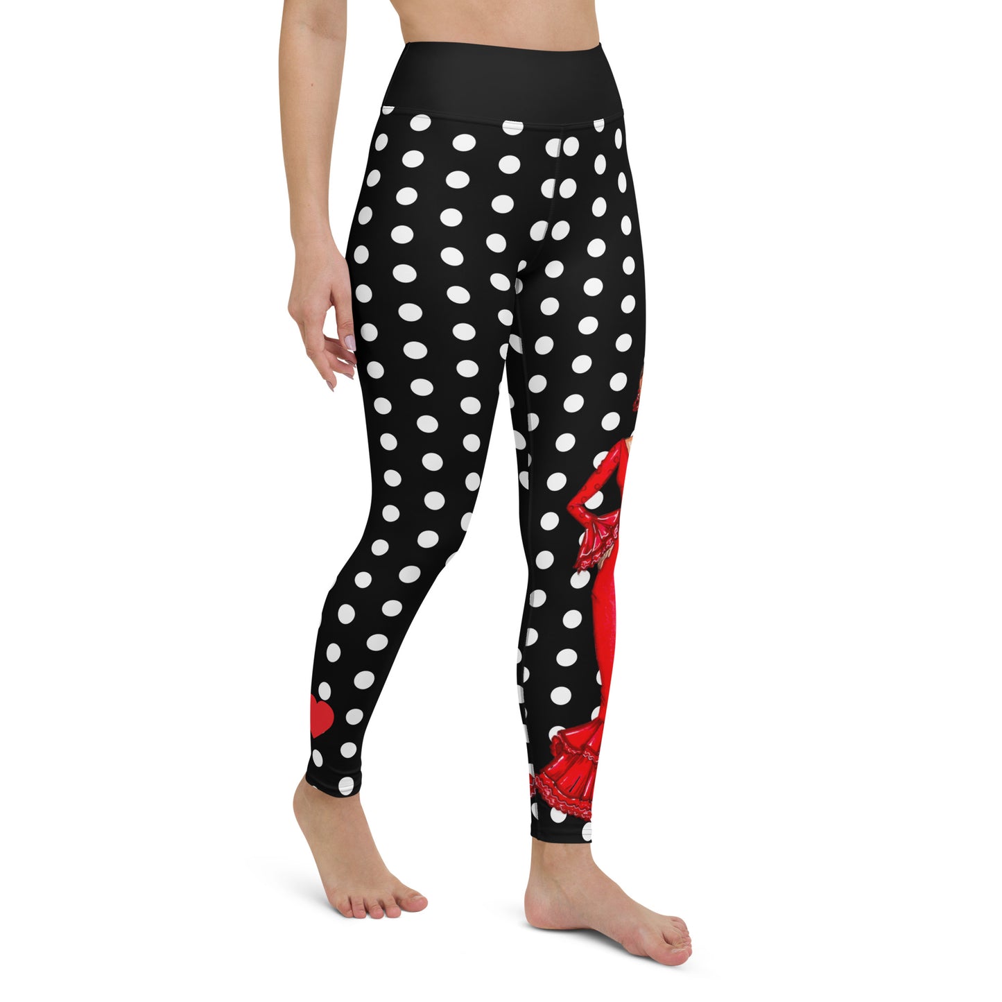 Flamenco Dancer Leggings, black with white polka dots high waisted yoga leggings with a red dress design - IllustrArte