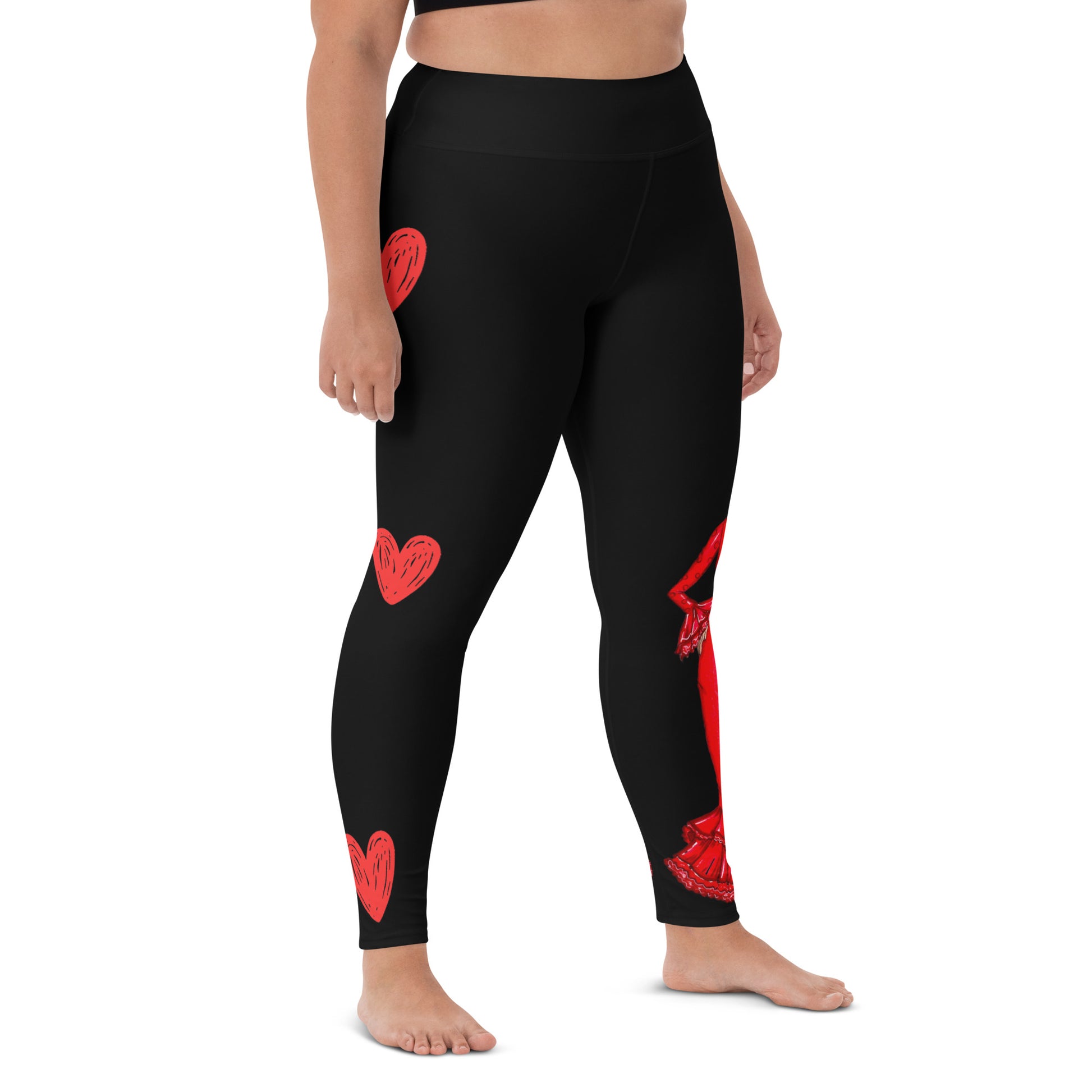 Flamenco Dancer Leggings, black high waisted yoga leggings with a red dress design - IllustrArte