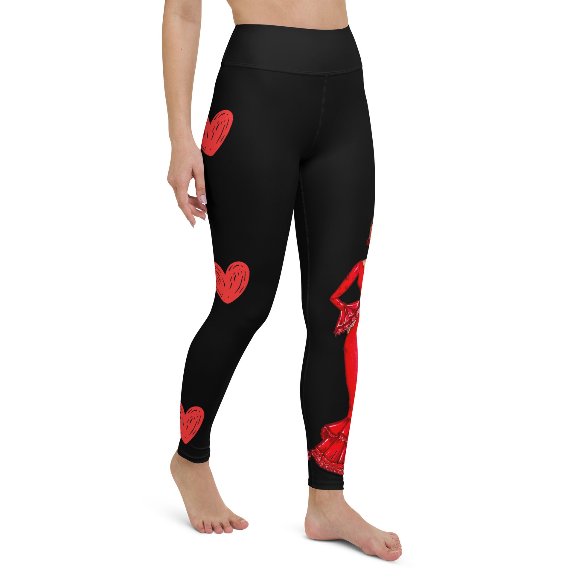 Flamenco Dancer Leggings, black high waisted yoga leggings with a red dress design - IllustrArte