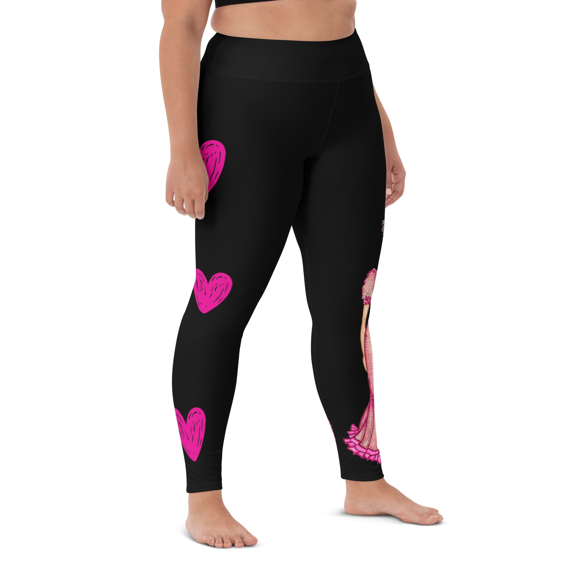 Flamenco Dancer Leggings, black high waisted yoga leggings with a pink dress and pink hearts design - IllustrArte