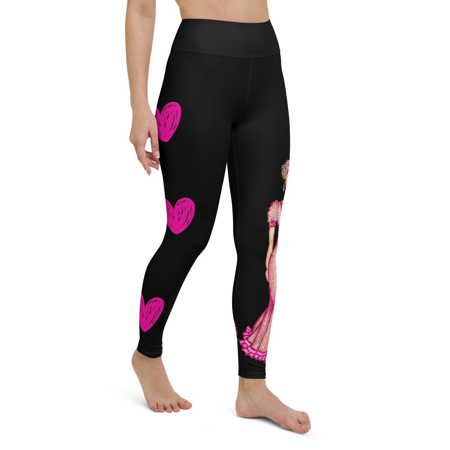 Flamenco Dancer Leggings, black high waisted yoga leggings with a pink dress and pink hearts design - IllustrArte