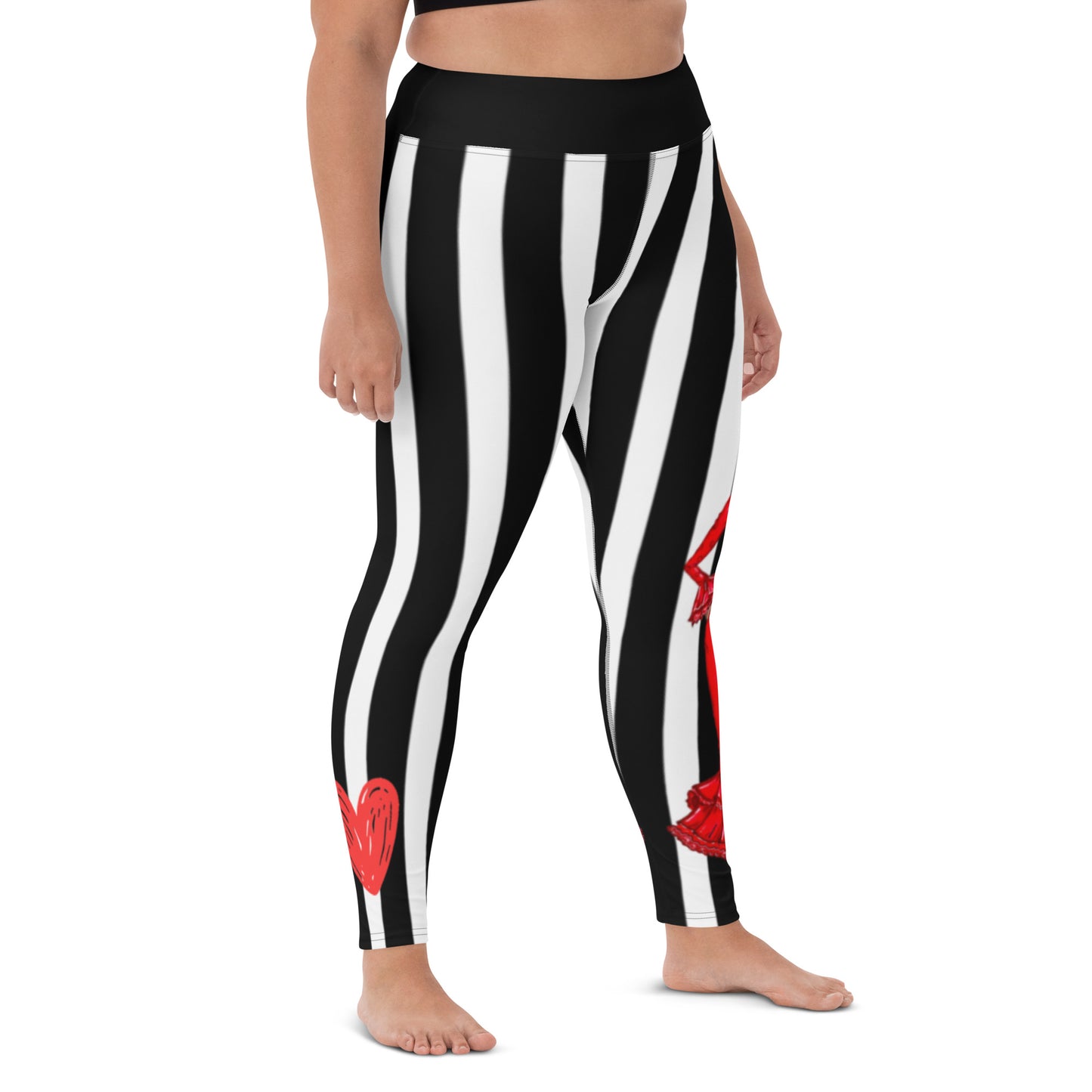 Flamenco Dancer Leggings, black and white striped high waisted yoga leggings with a red dress design - IllustrArte