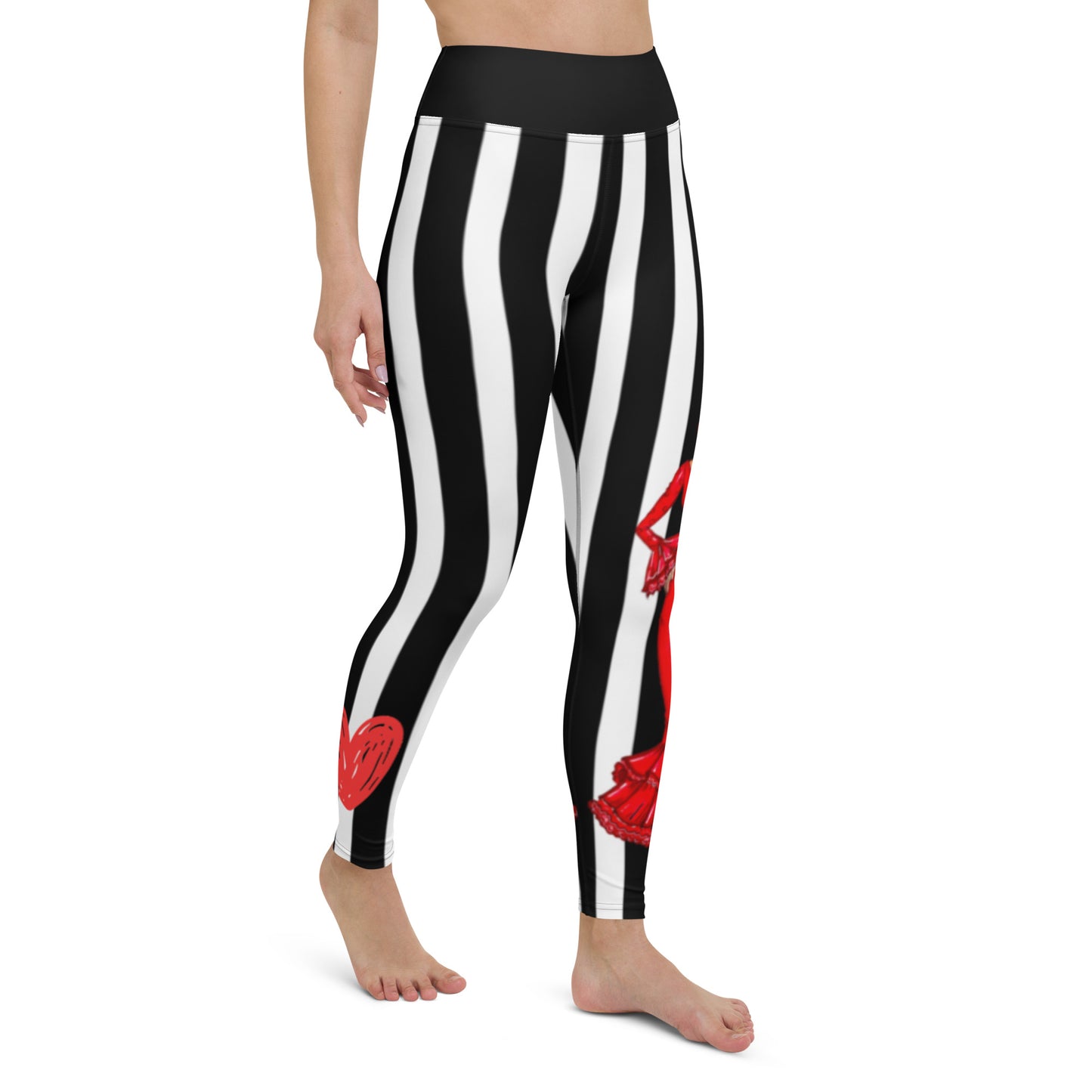 Flamenco Dancer Leggings, black and white striped high waisted yoga leggings with a red dress design - IllustrArte