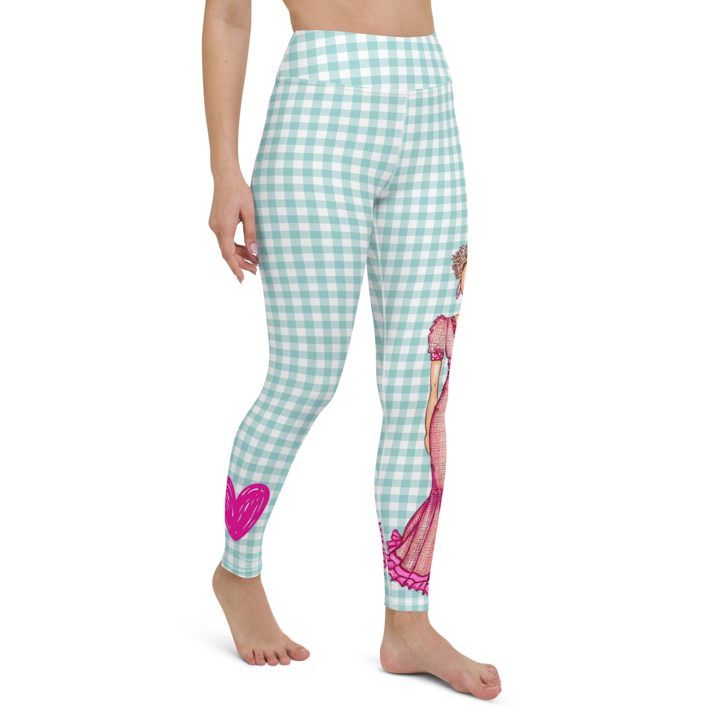 Flamenco Dancer Leggings, green gingham check high waisted yoga leggings with a pink dress design - IllustrArte