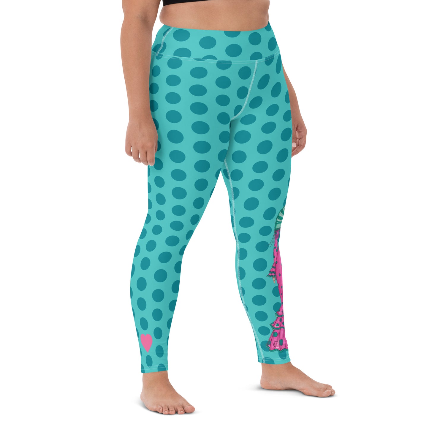 Flamenco Dancer Leggings, turquoise with green polka dots high waisted yoga leggings with a pink dress and green shawl - IllustrArte