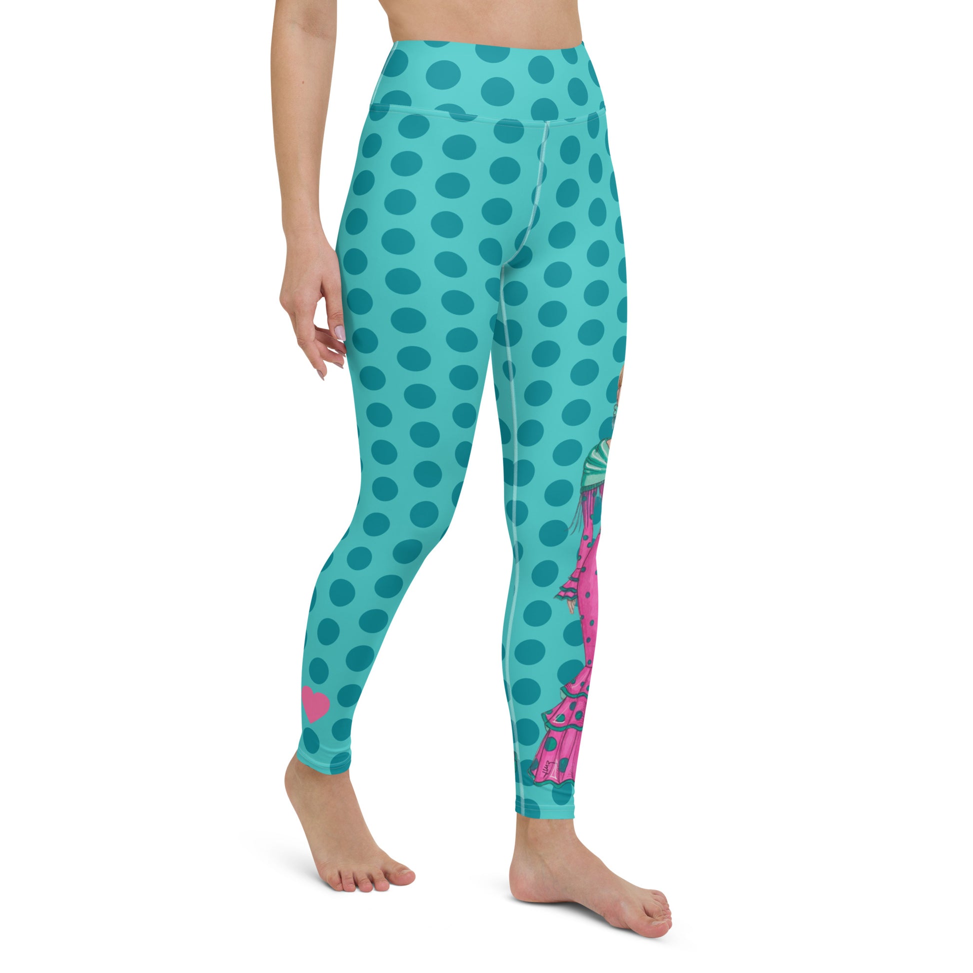 Flamenco Dancer Leggings, turquoise with green polka dots high waisted yoga leggings with a pink dress and green shawl - IllustrArte