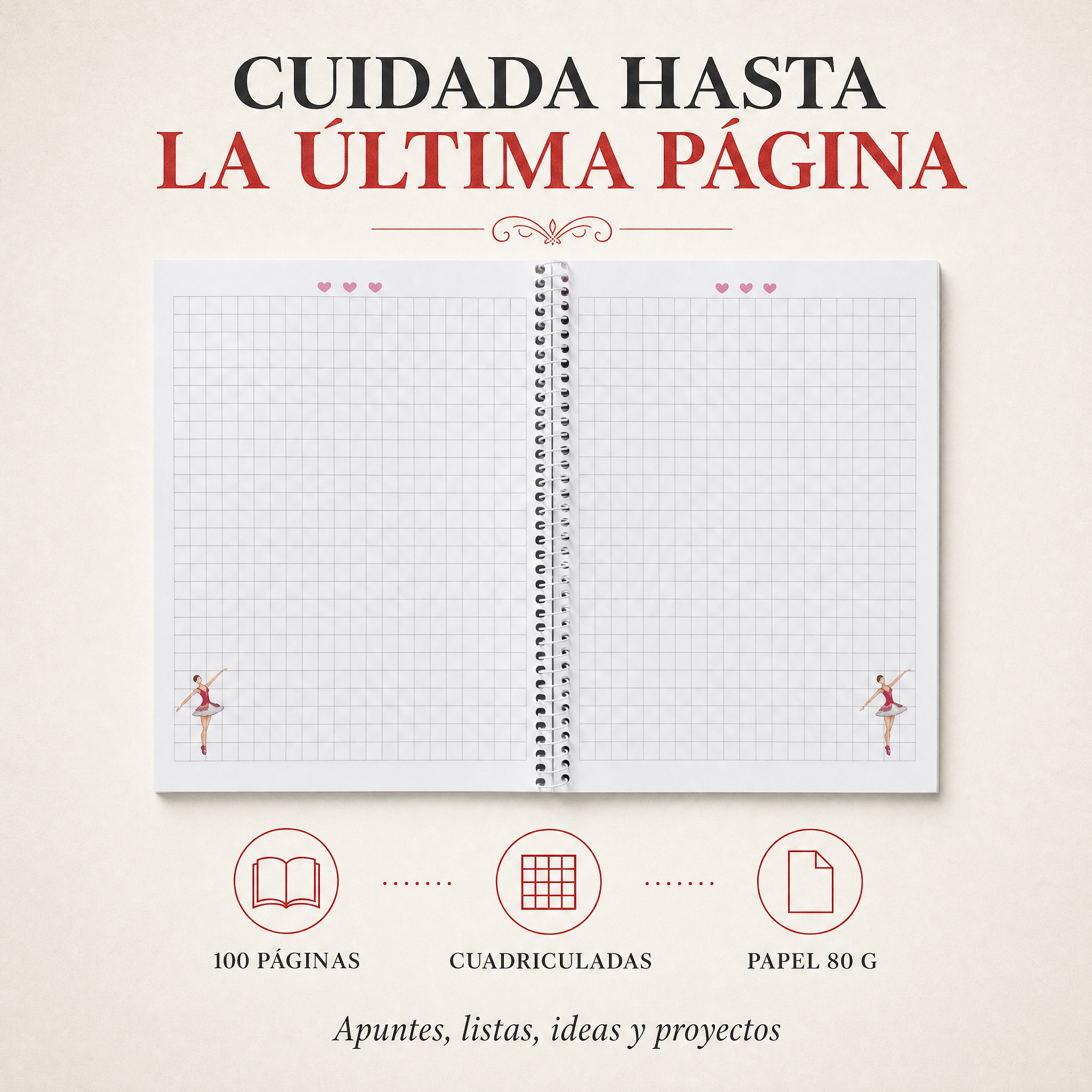 Interior de la libreta con 100 páginas cuadriculadas, diseño Bailarina Mariela