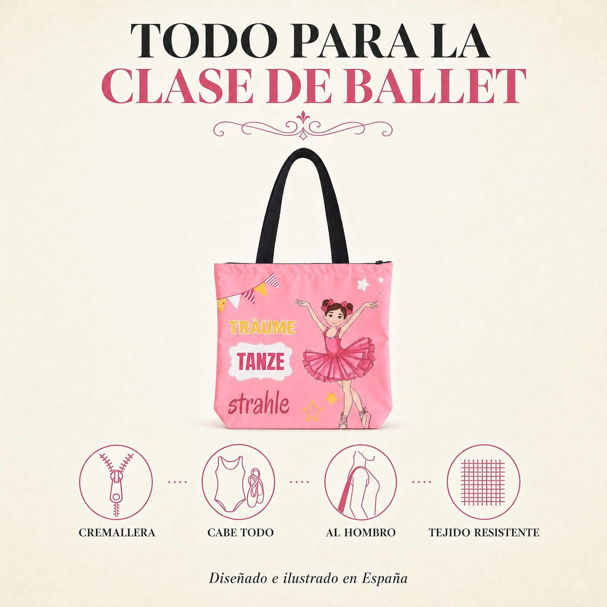Saco de ballet illustrArte 40 x 40 cm com fecho – design Marina (Träume, Tanze, Strahle) – vista 5