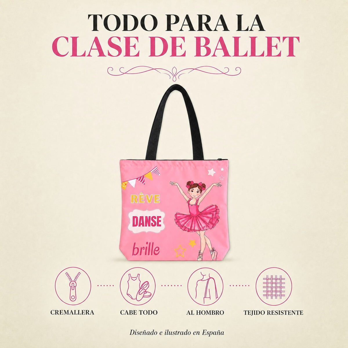 Saco de ballet illustrArte 40 x 40 cm com fecho – design Marina (Rêve, Danse, Brille) – vista 5