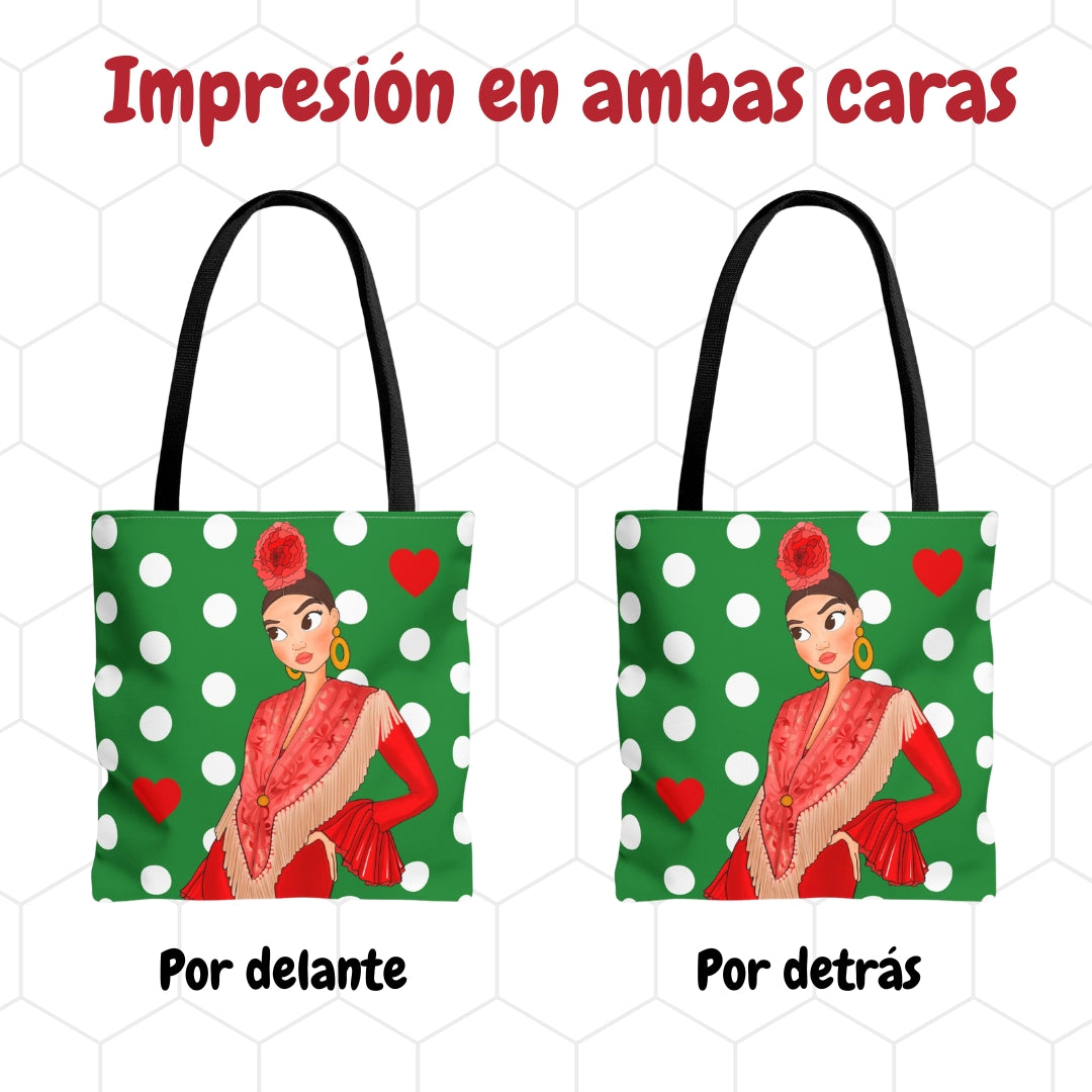 Bolsa tote Málaga illustrArte – Lucía, verde con lunares – vista 4