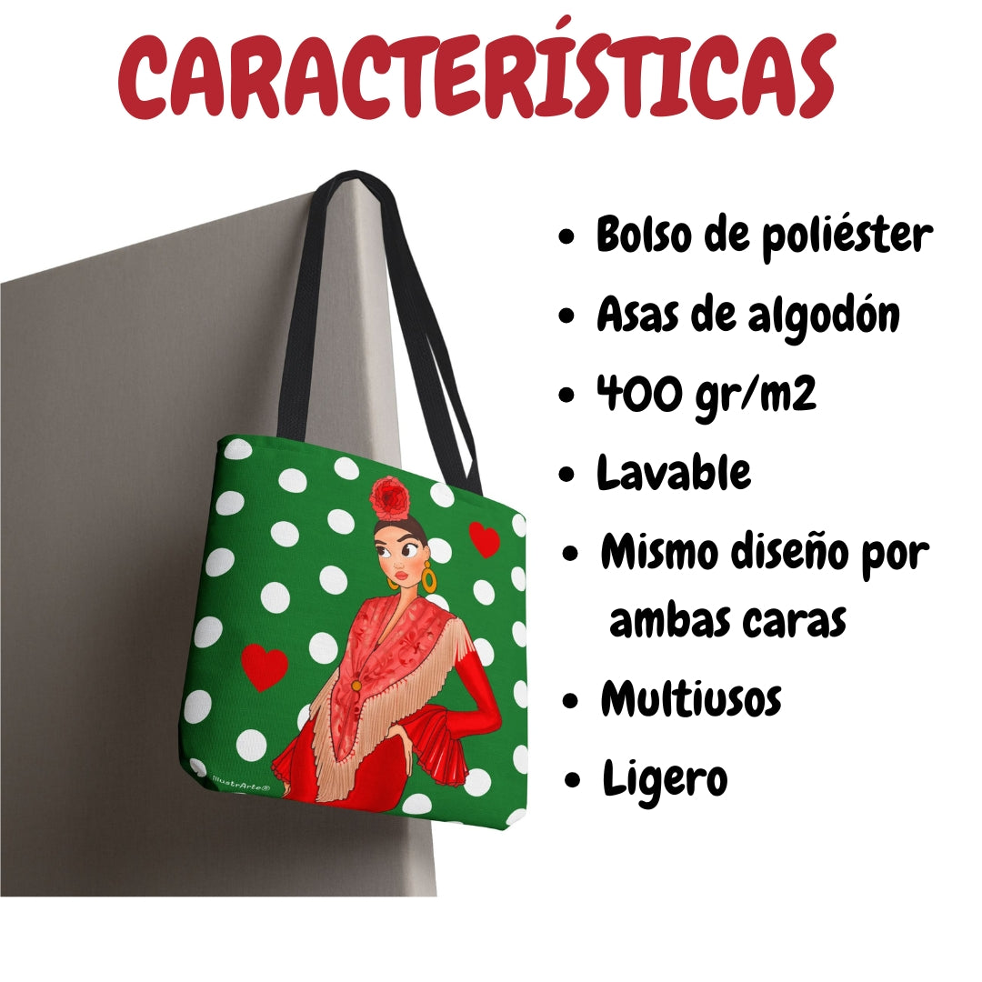 Bolsa tote Málaga illustrArte – Lucía, verde con lunares – vista 6