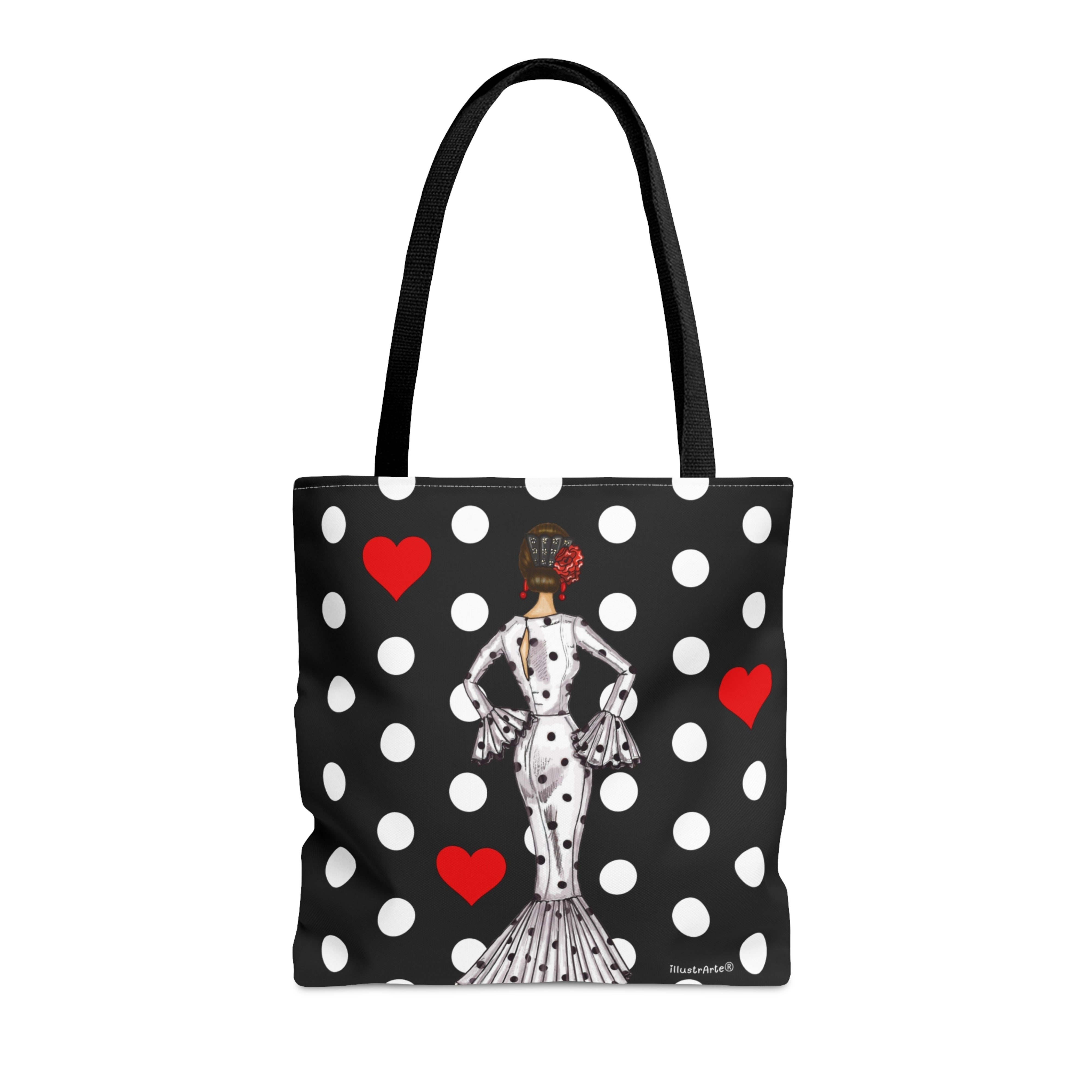 Bolsa tote Málaga illustrArte 43 x 43 cm – diseño María Blanco, fondo negro con lunares