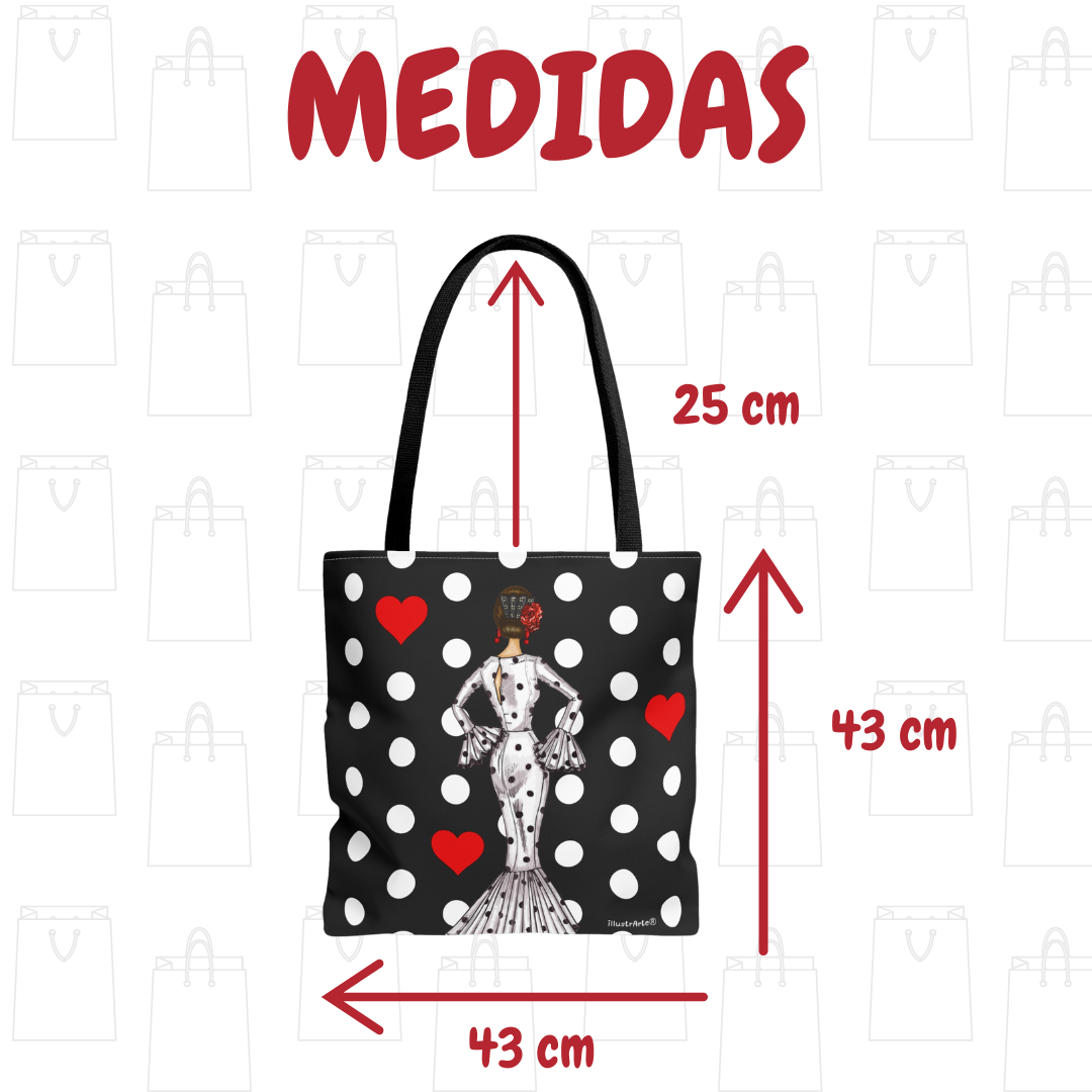 Bolsa tote Málaga illustrArte – María Blanco, fondo negro con lunares – vista 3
