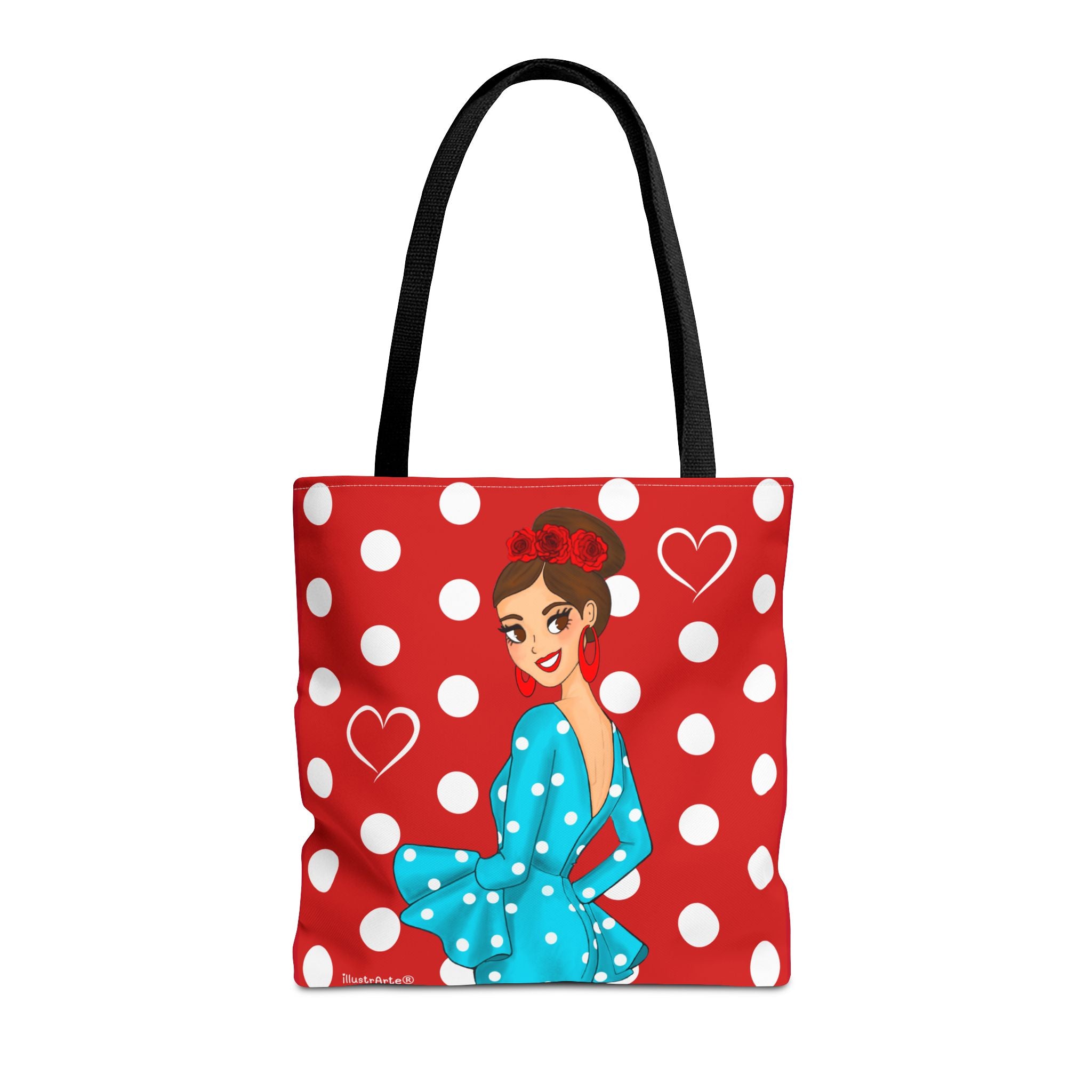 Bolsa tote Málaga illustrArte 43 x 43 cm – diseño Paquita, rojo con lunares blancos