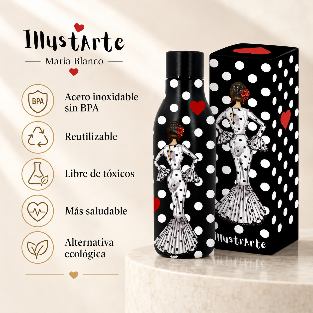 Botella térmica illustrArte 500 ml – diseño María Blanco sobre fondo negro – vista 4