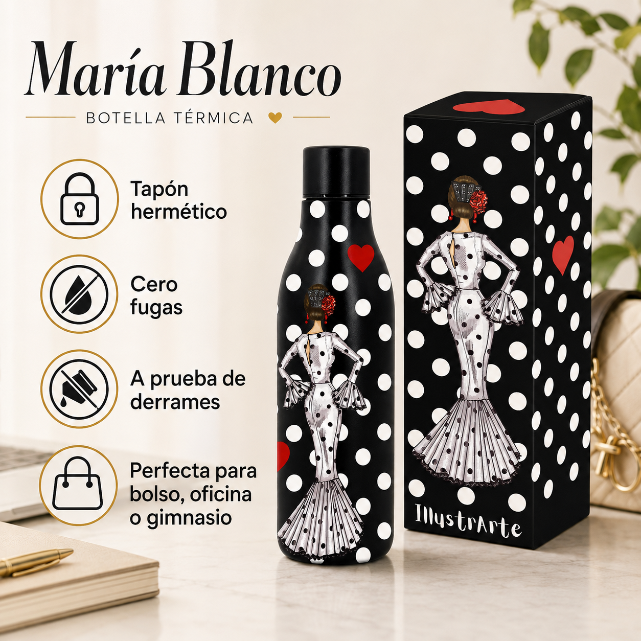 Botella térmica illustrArte 500 ml – diseño María Blanco sobre fondo negro – vista 5