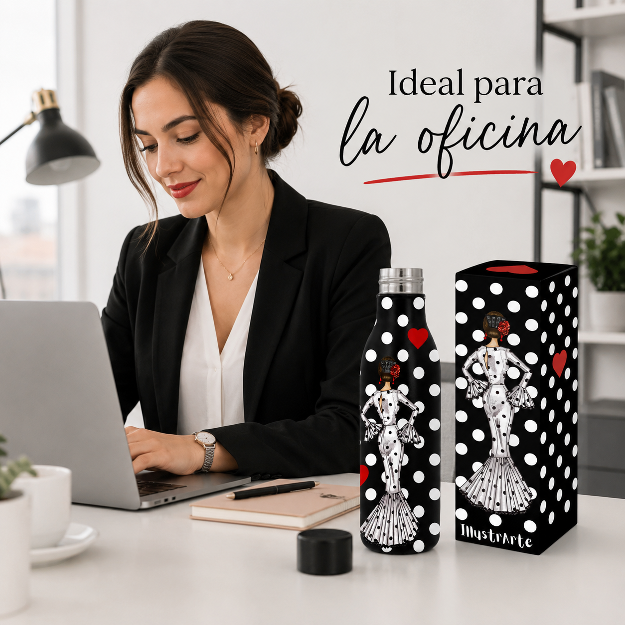 Botella térmica illustrArte 500 ml – diseño María Blanco sobre fondo negro – vista 6