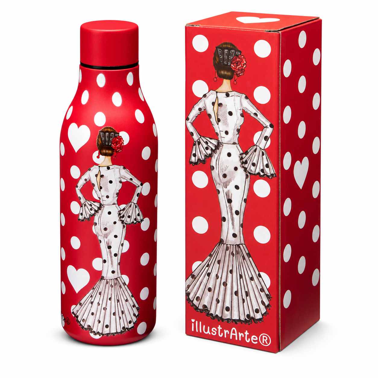 Botella térmica de acero inoxidable illustrArte 500 ml – diseño María Blanco sobre fondo rojo con lunares