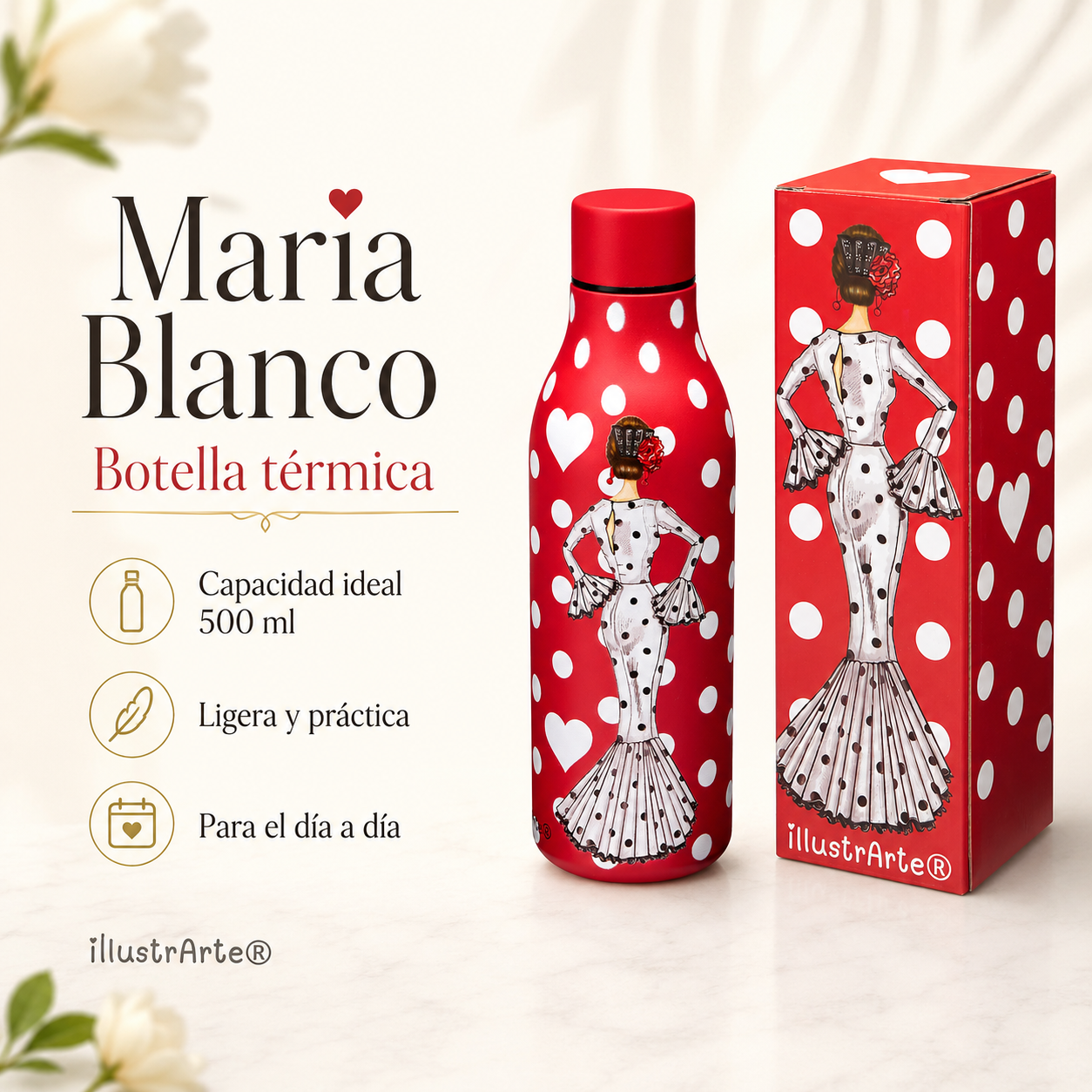 Botella térmica illustrArte 500 ml – diseño María Blanco sobre fondo rojo – vista 2
