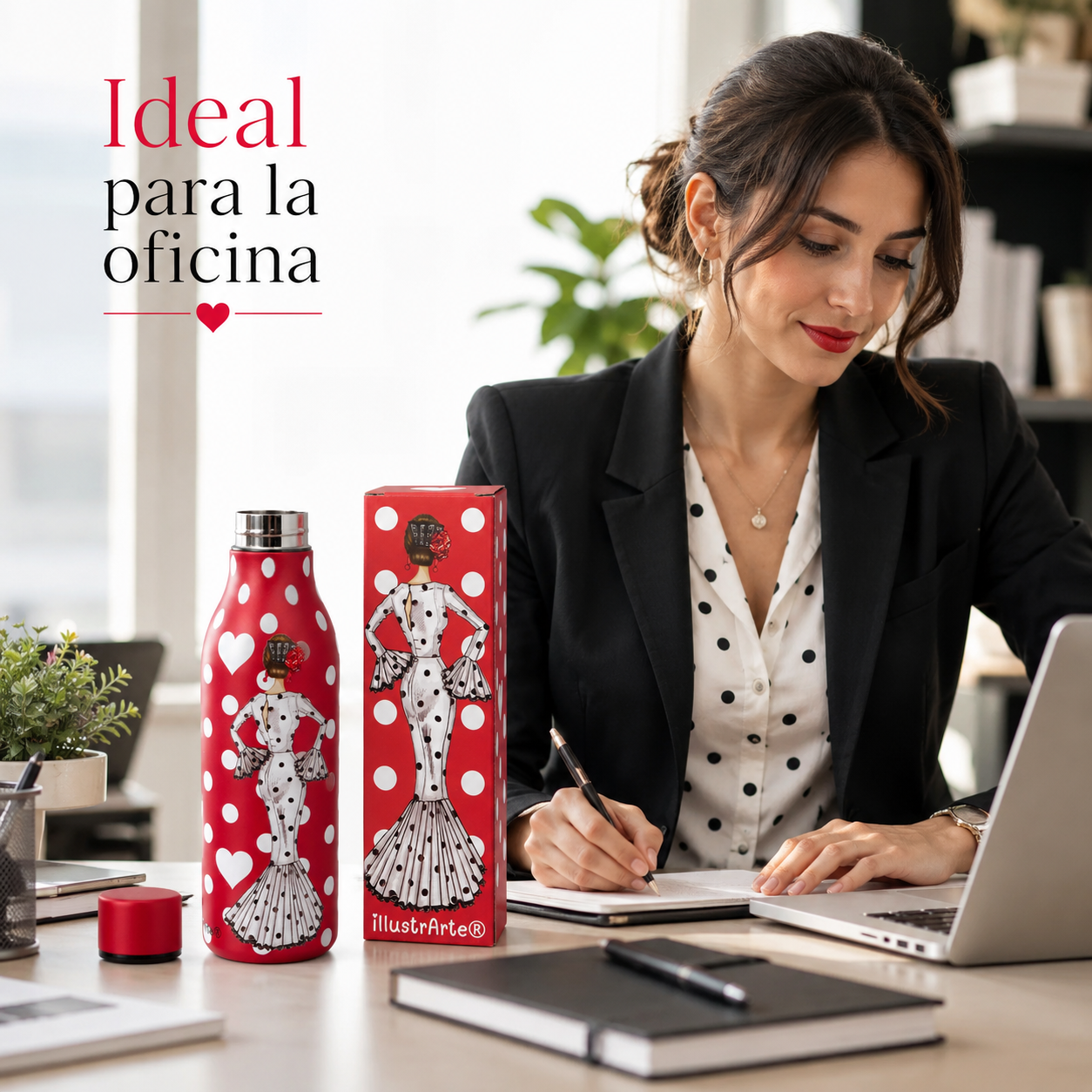 Botella térmica illustrArte 500 ml – diseño María Blanco sobre fondo rojo – vista 3