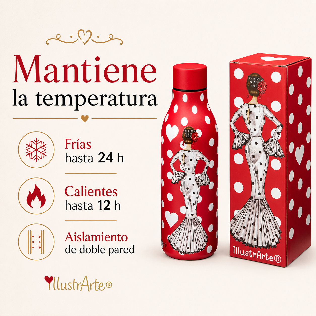 Botella térmica illustrArte 500 ml – diseño María Blanco sobre fondo rojo – vista 4