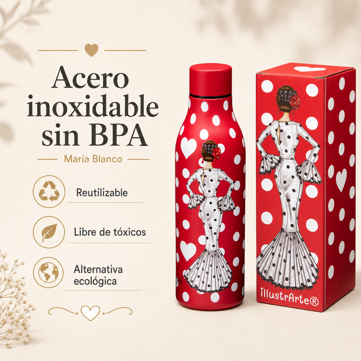 Botella térmica illustrArte 500 ml – diseño María Blanco sobre fondo rojo – vista 5