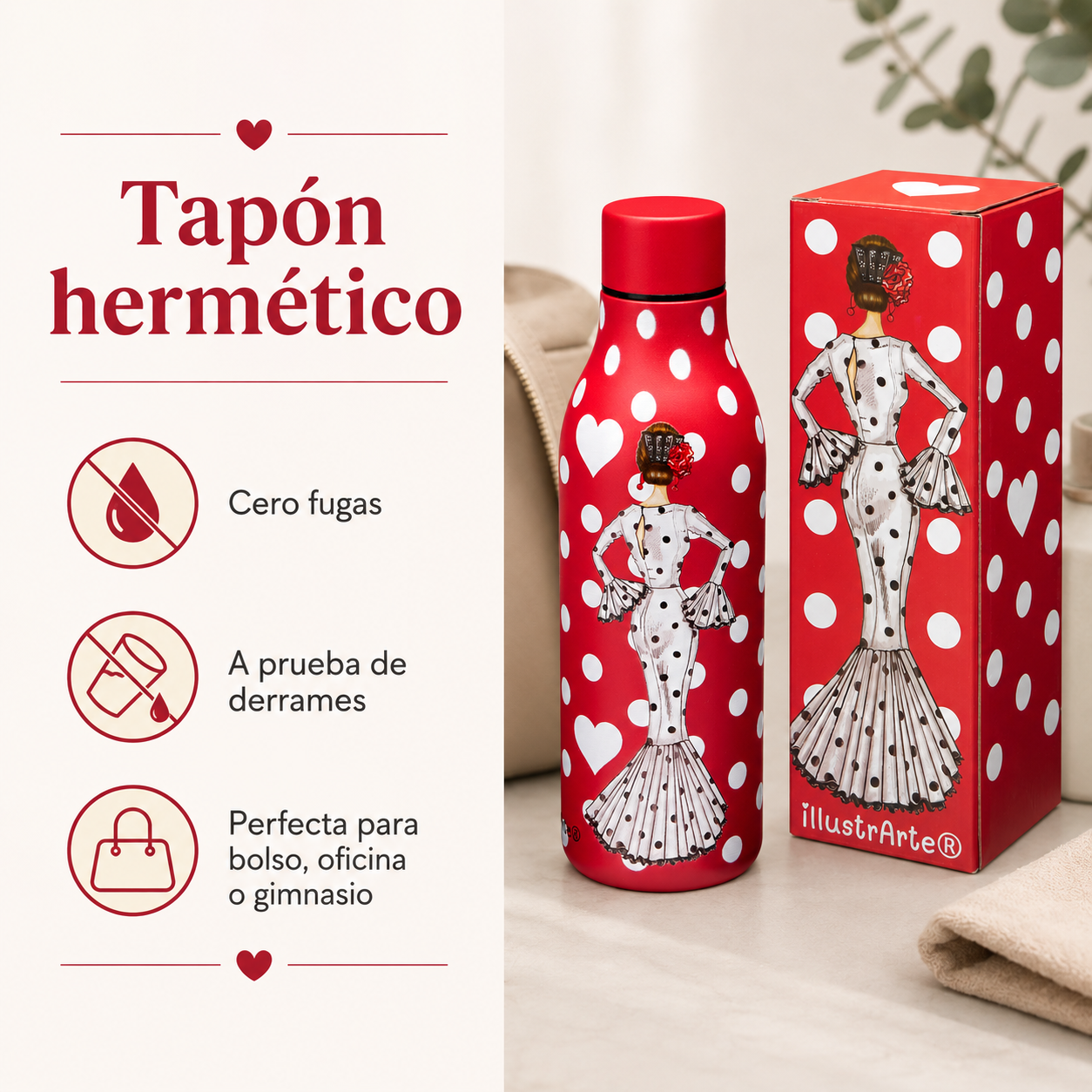 Botella térmica illustrArte 500 ml – diseño María Blanco sobre fondo rojo – vista 7