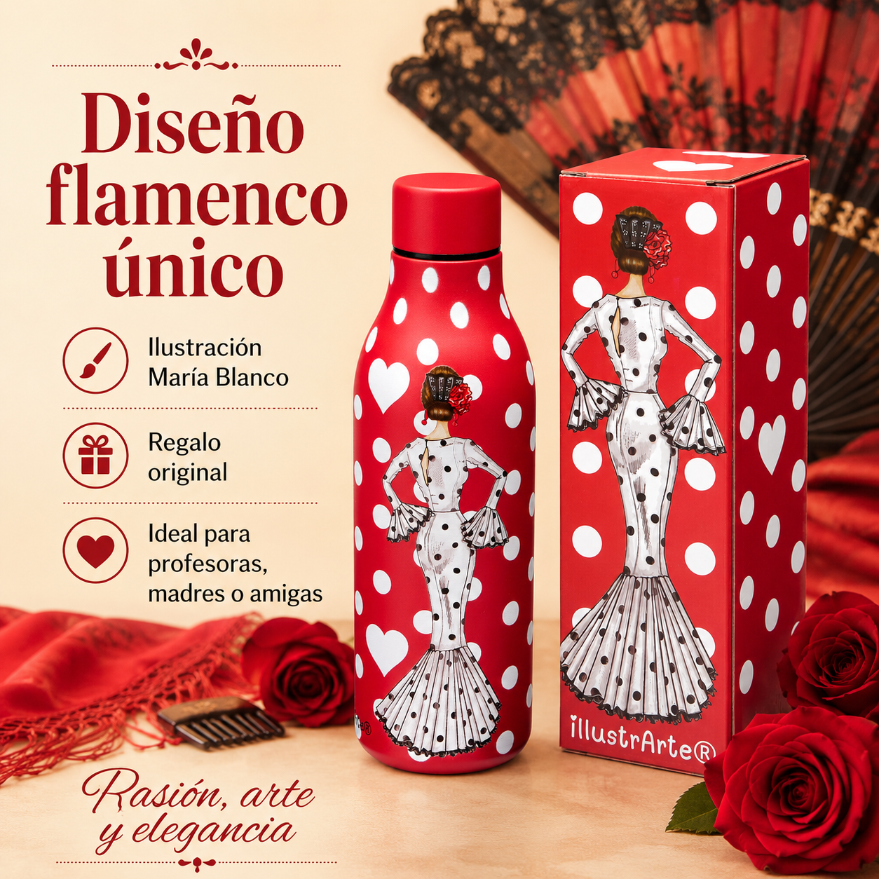 Botella térmica illustrArte 500 ml – diseño María Blanco sobre fondo rojo – vista 8