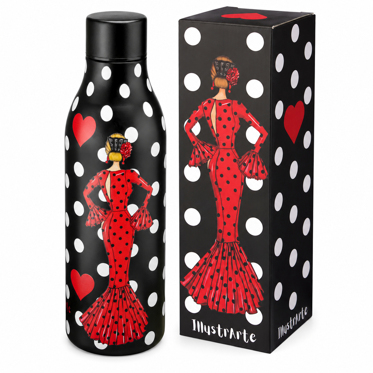 Botella térmica de acero inoxidable illustrArte 500 ml – diseño María Rojo, vestido rojo con lunares blancos