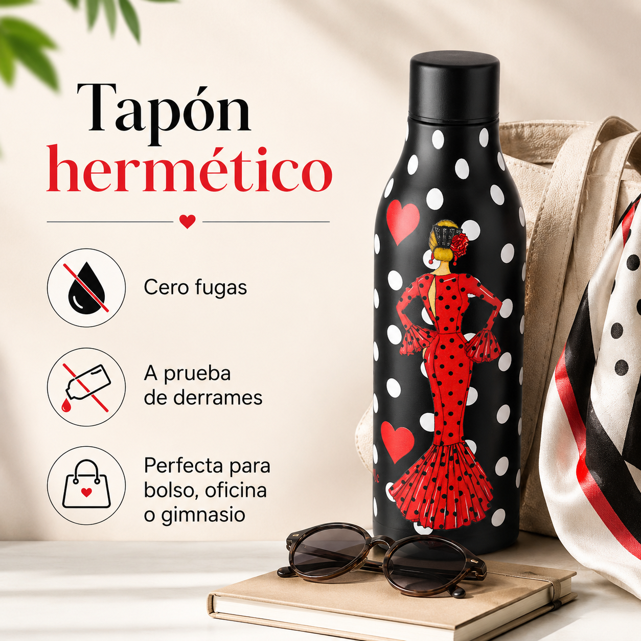 Botella térmica illustrArte 500 ml – diseño María Rojo, vestido rojo con lunares – vista 6