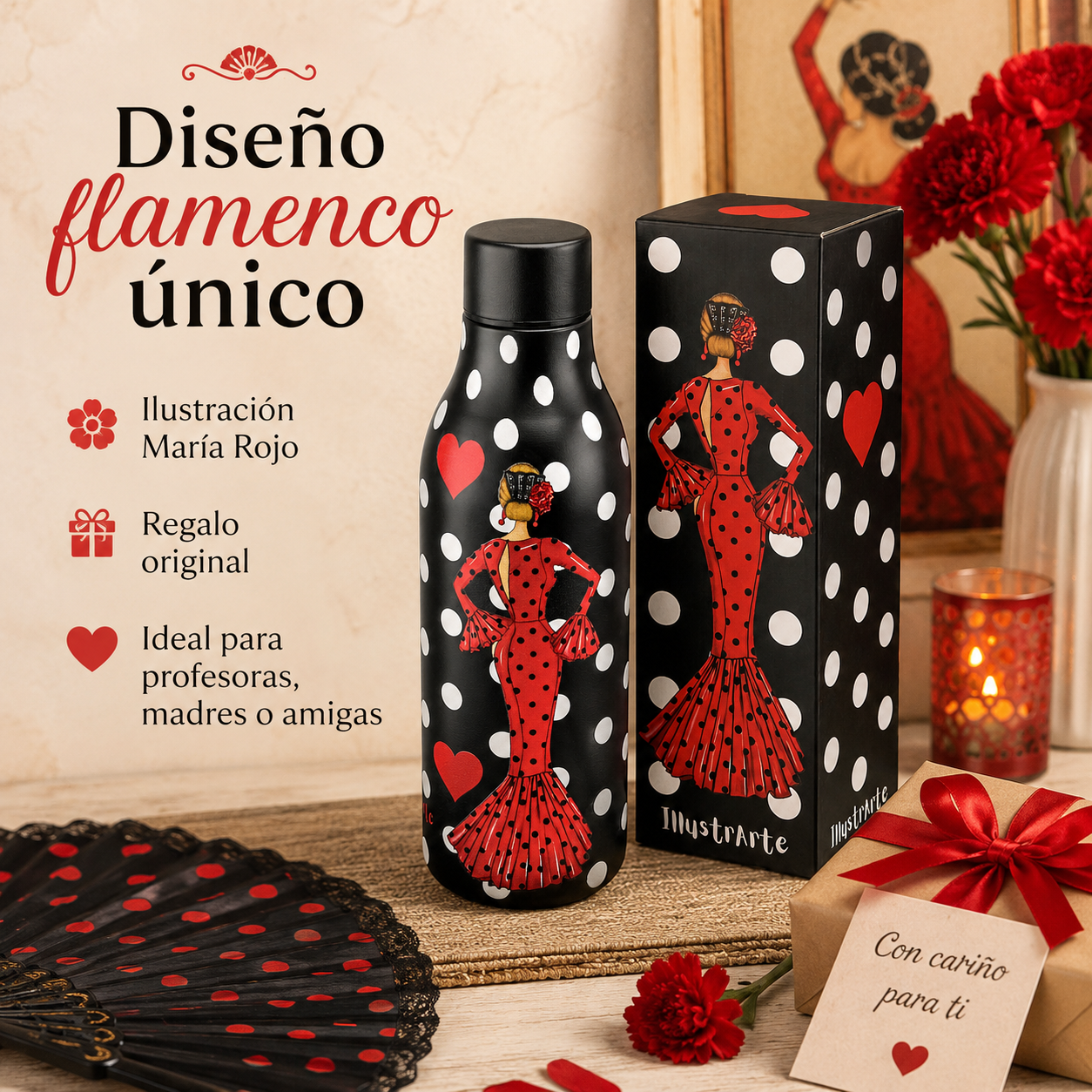 Botella térmica illustrArte 500 ml – diseño María Rojo, vestido rojo con lunares – vista 7