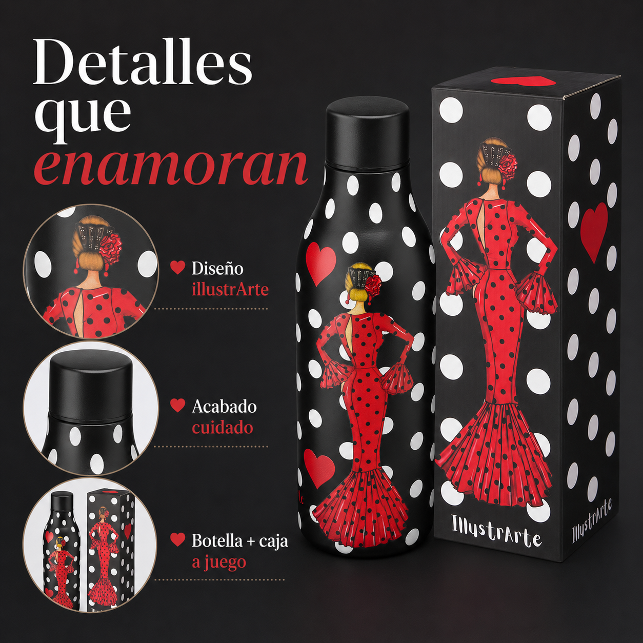 Botella térmica illustrArte 500 ml – diseño María Rojo, vestido rojo con lunares – vista 9