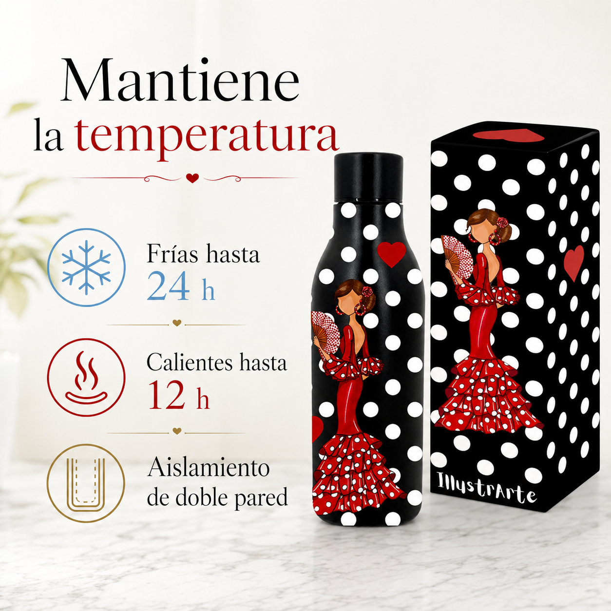 Botella térmica illustrArte 500 ml – diseño Pepa, flamenca con abanico – vista 2