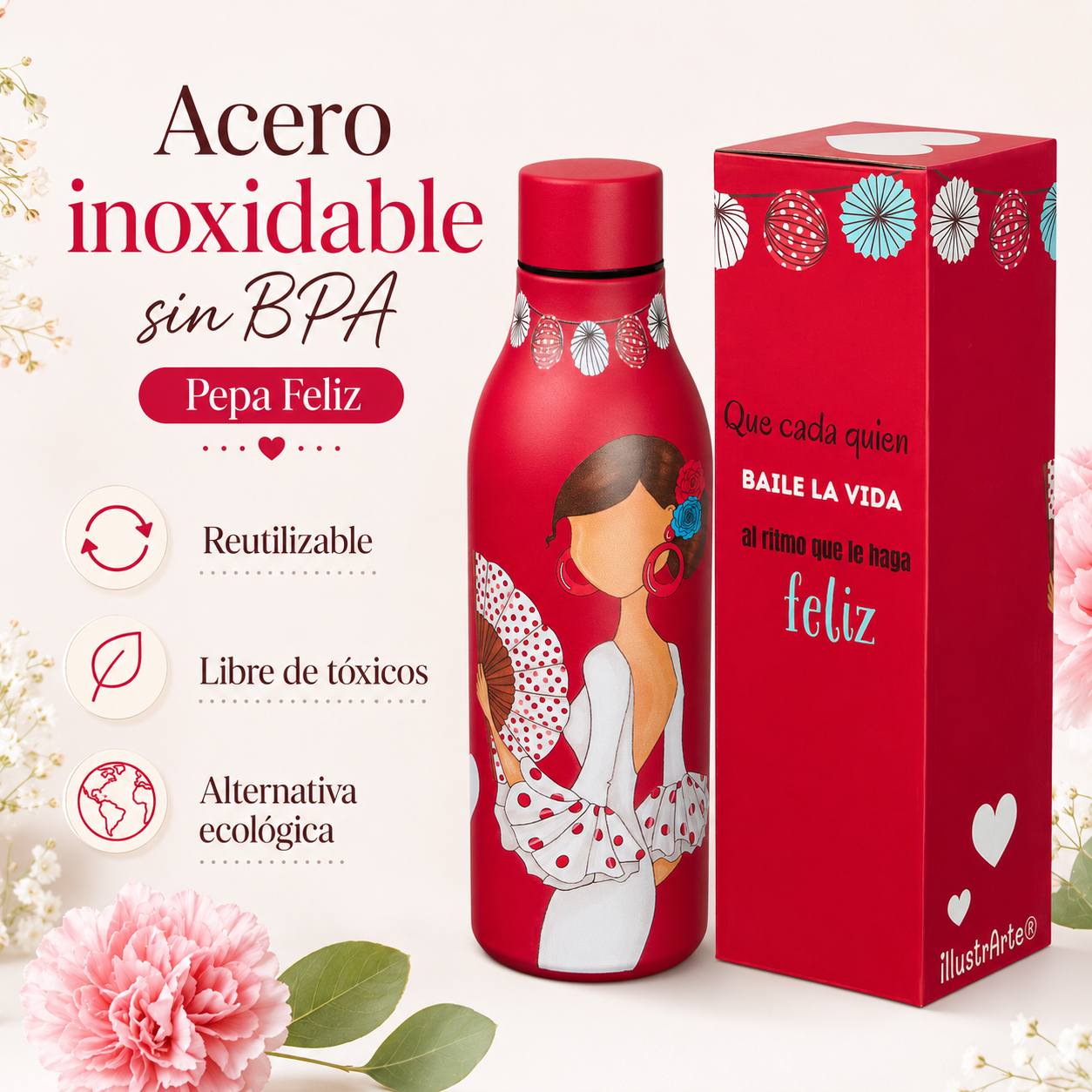 Botella térmica illustrArte 500 ml – diseño Pepa Feliz, flamenca de lunares – vista 4