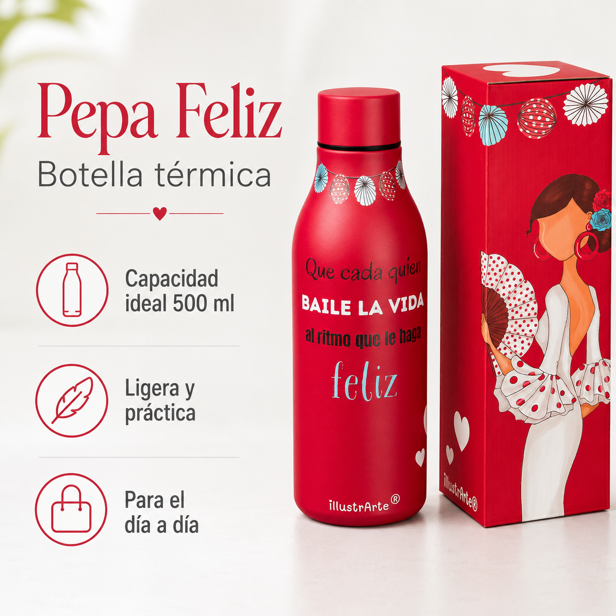 Botella térmica illustrArte 500 ml – diseño Pepa Feliz, flamenca de lunares – vista 5