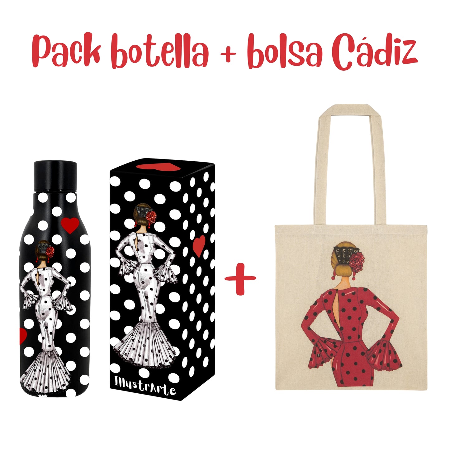 Pack Regalo Flamenca María – Botella Térmica Negra con Vestido Blanco + Bolsa Cádiz de Algodón “María Rojo”
