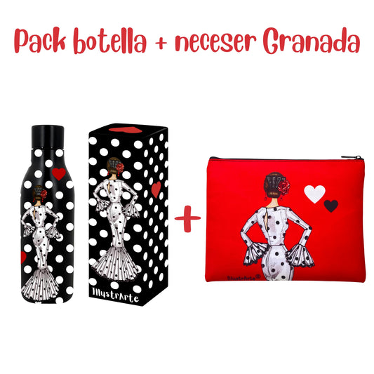 Pack Regalo Flamenca María – Botella Térmica Negra con Vestido Blanco + Neceser Granada “María Blanco Fondo Rojo”