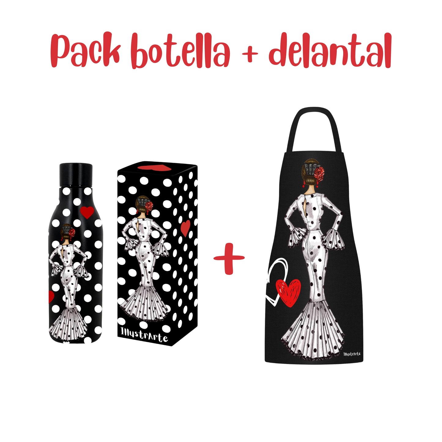 Pack Botella “María” blanco fondo rojo + Delantal “María” blanco – Diseño flamenco elegante illustrArte