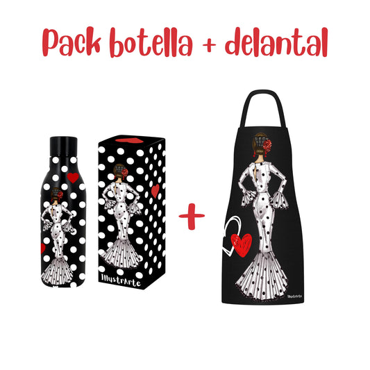Pack Botella “María” blanco fondo rojo + Delantal “María” blanco – Diseño flamenco elegante illustrArte