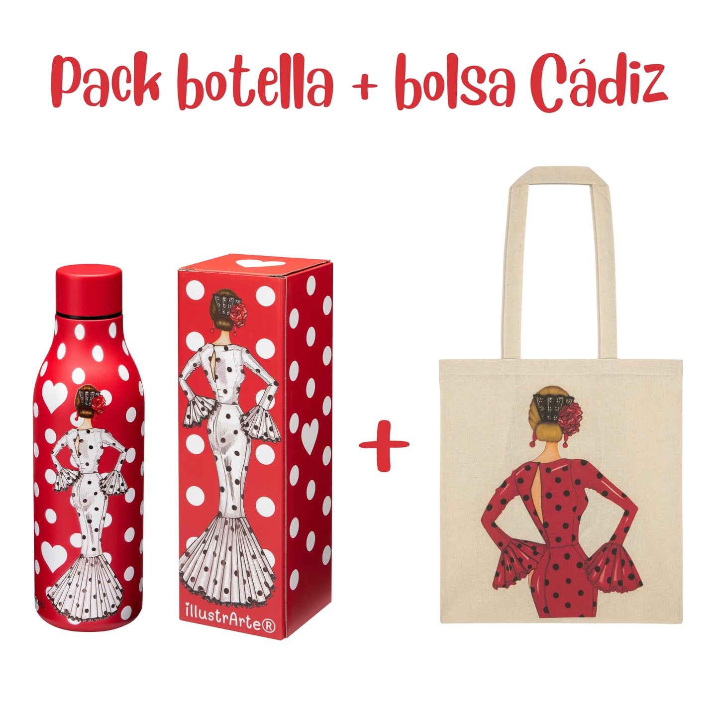 Flamenco Maria Gift Pack – Red Thermal Bottle (White Dress) + Cotton Cadiz Bag