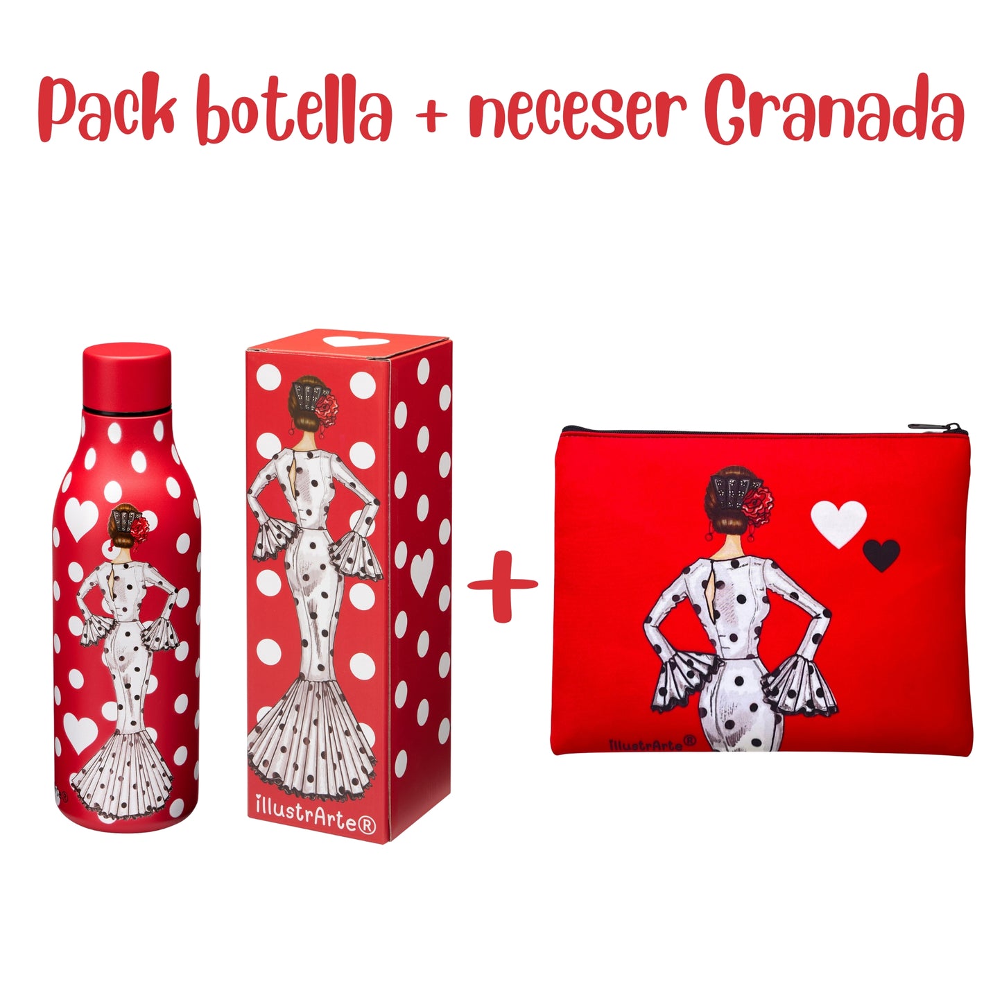 Pack Regalo Flamenca María – Botella Térmica Roja con Vestido Blanco + Neceser Granada “María Blanco Fondo Rojo”