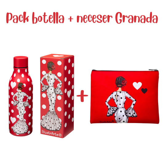 Pack Regalo Flamenca María – Botella Térmica Roja con Vestido Blanco + Neceser Granada “María Blanco Fondo Rojo”