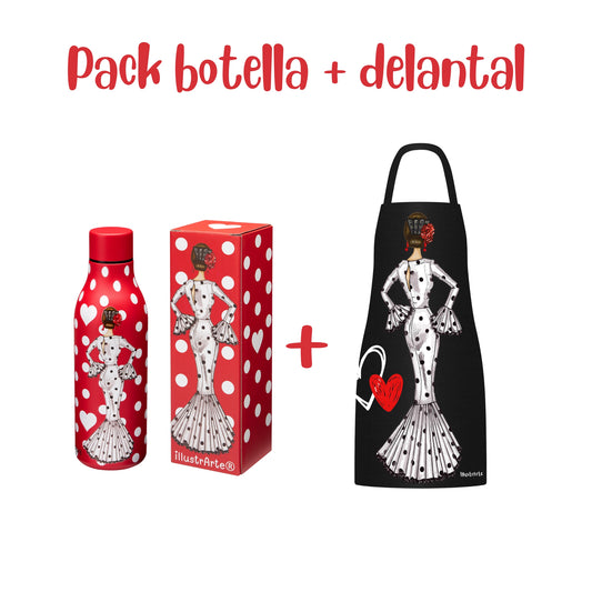 Pack Botella “María” blanco fondo rojo + Delantal “María” blanco – Diseño flamenco elegante illustrArte