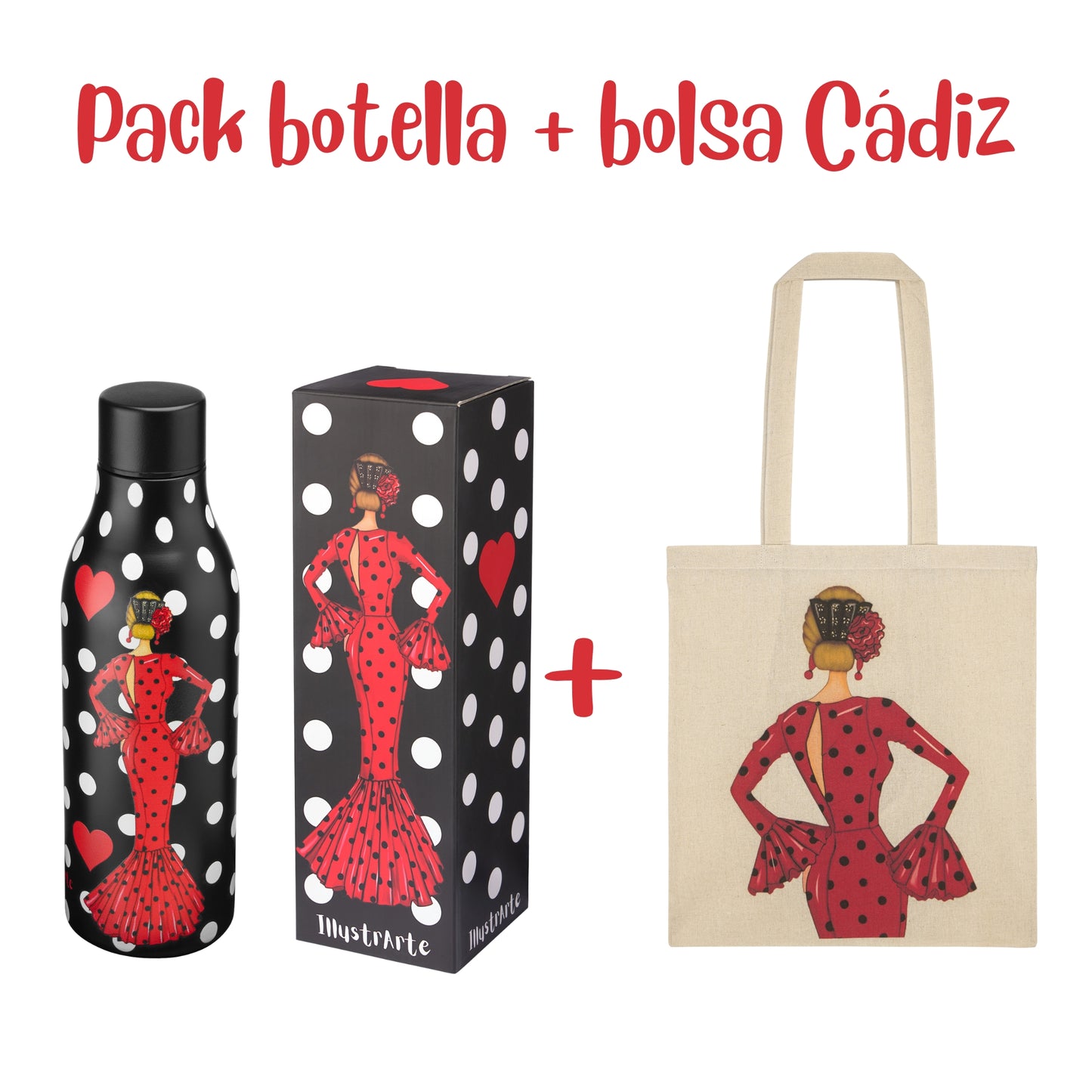 Pack Regalo Flamenca María – Botella Térmica Negra con Vestido Rojo + Bolsa Cádiz de Algodón “María Rojo”