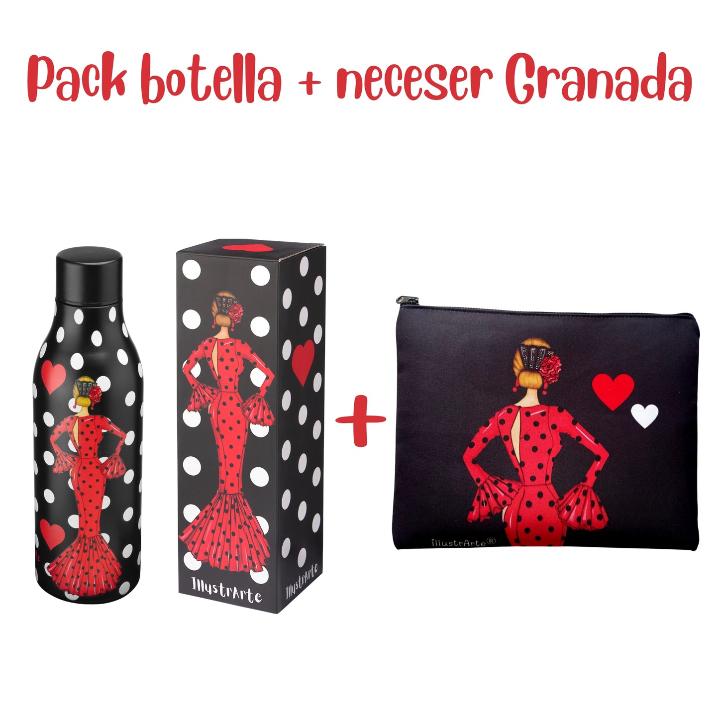 Pack Regalo Flamenca María – Botella Térmica Negra con Vestido Rojo + Neceser Granada “María Rojo”